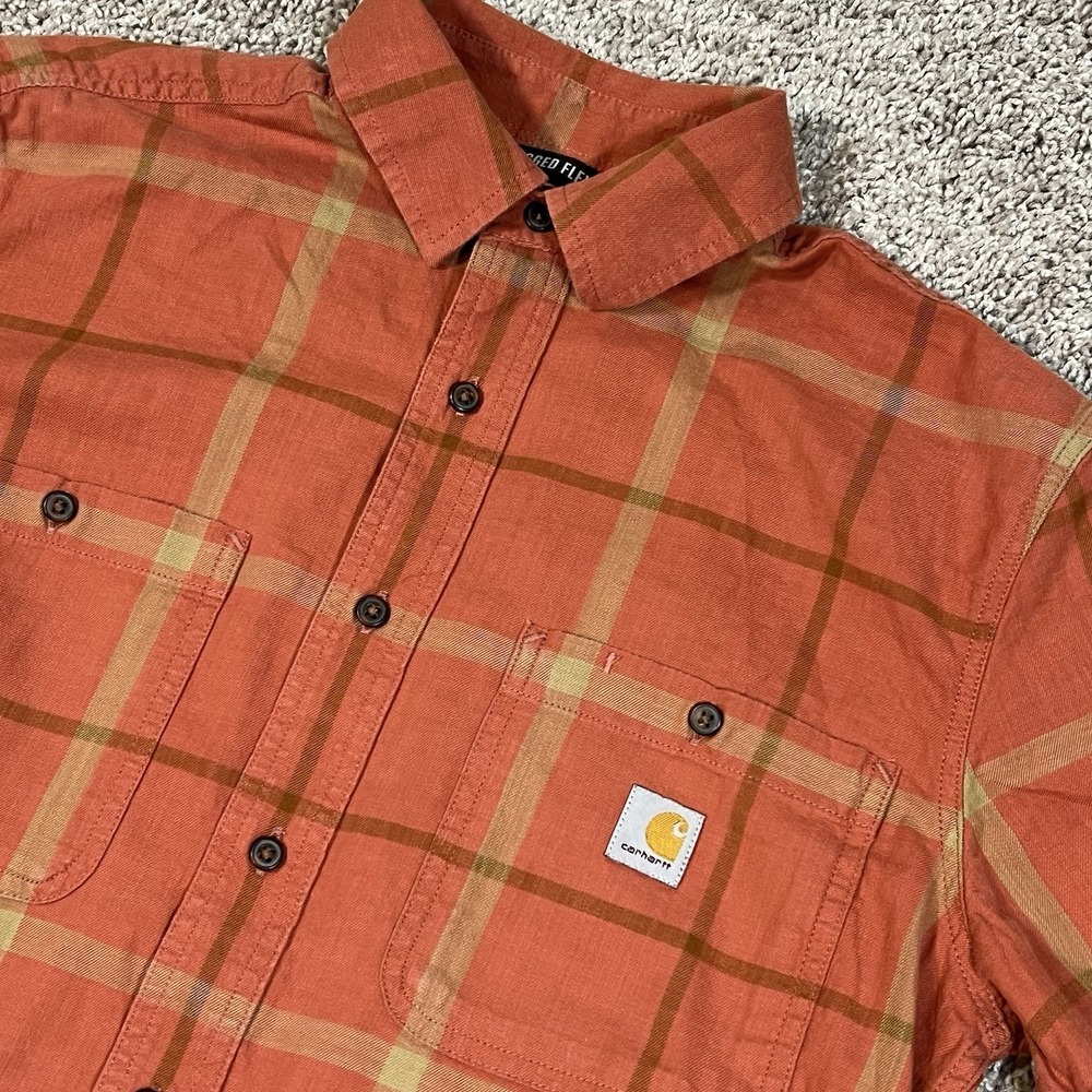 Carhartt Rugged Flex Relaxed‎ Fit SS Button Up Shirt Small Orange Plaid Cotton